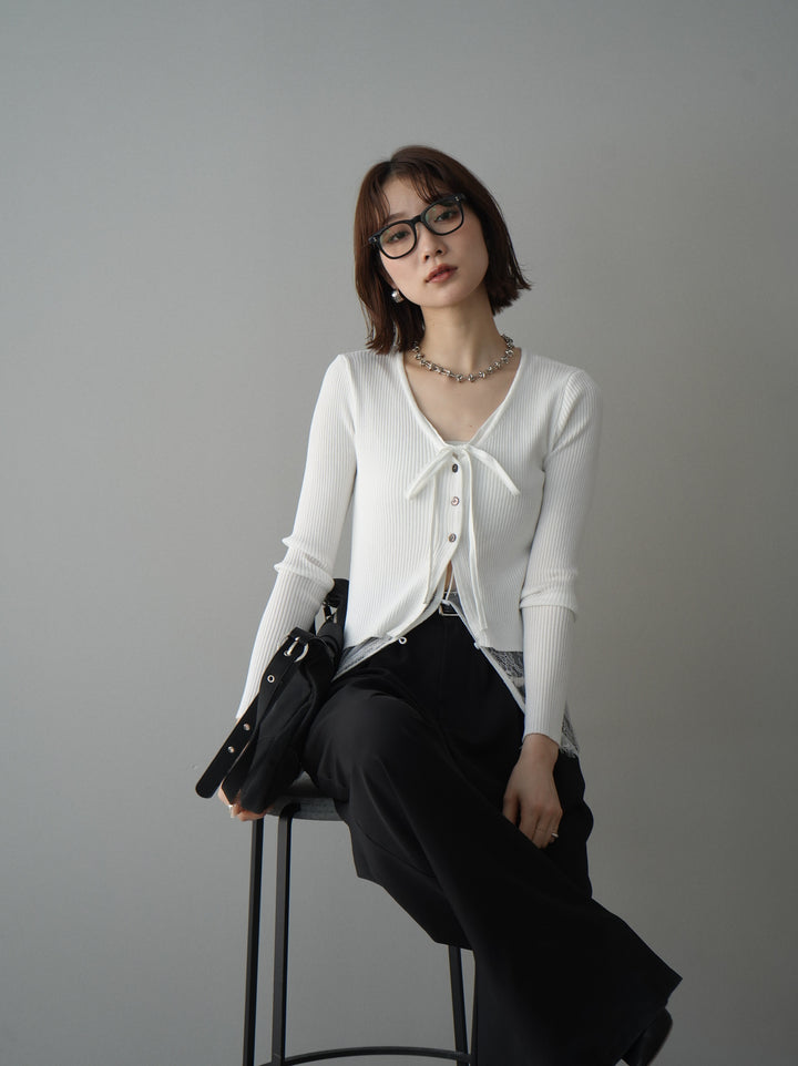 [SET]フロントリボン裾レースリブニットトップス+ベルト付キーホルダーモチーフワイドパンツ(2set)