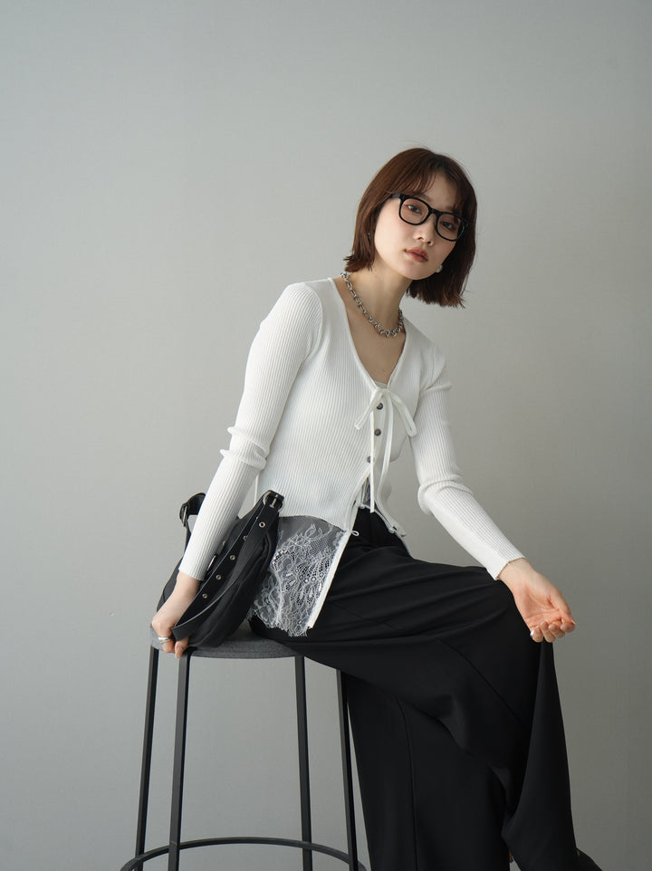 [予約]フロントリボン裾レースリブニットトップス/off