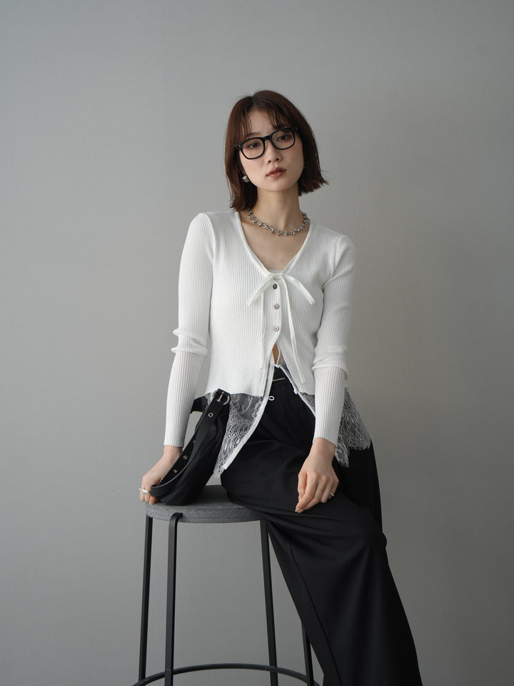 [SET]フロントリボン裾レースリブニットトップス+ベルト付キーホルダーモチーフワイドパンツ(2set)