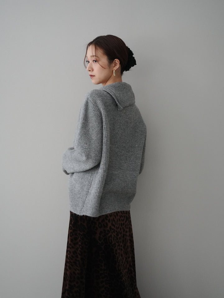 [SET]ハイネックデザインボタンニットカーディガン+レオパードベロアナロースカート(2set)
