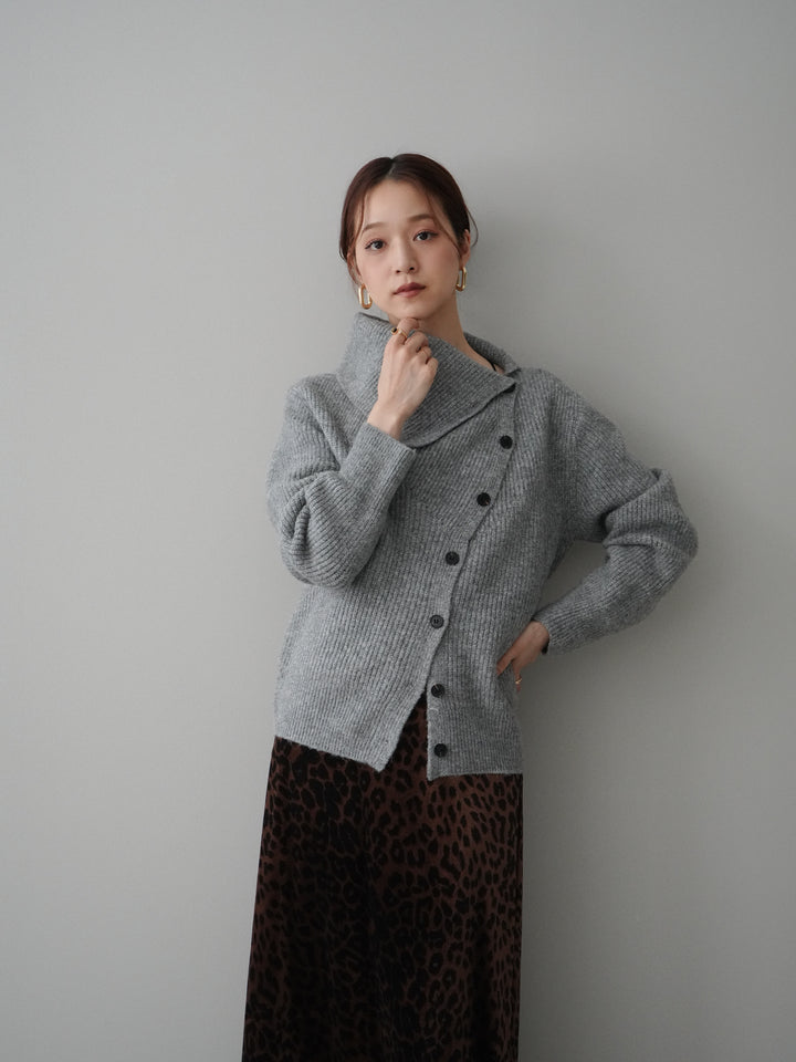 [SET]ハイネックデザインボタンニットカーディガン+レオパードベロアナロースカート(2set)