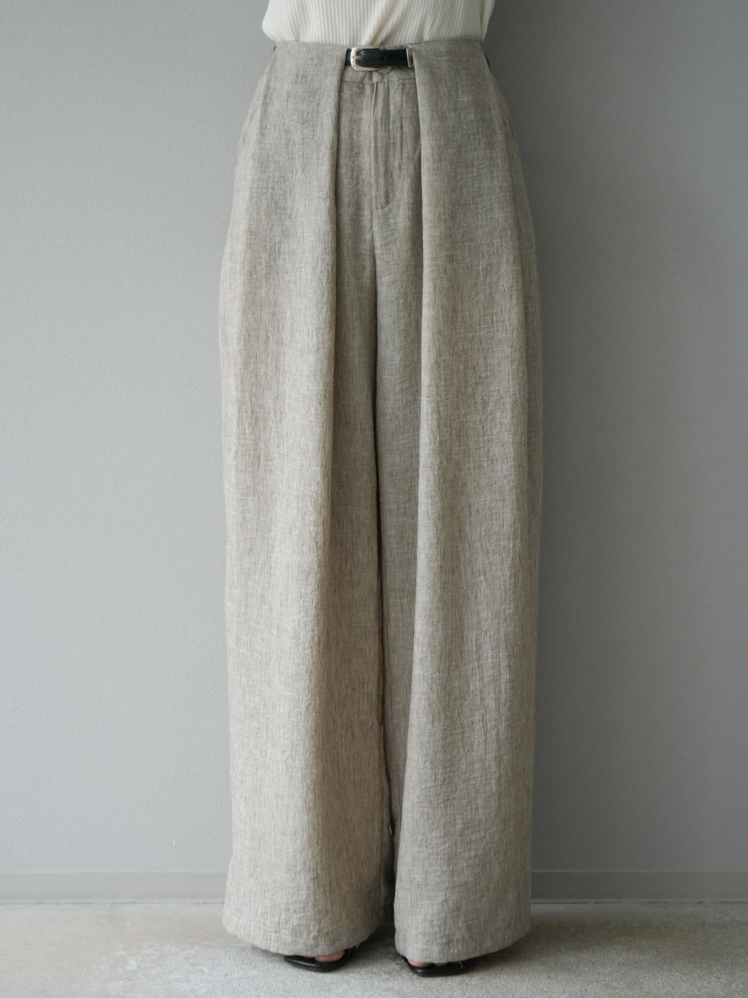[予約]リネンライクベルト付タックループワイドパンツ/ベージュ