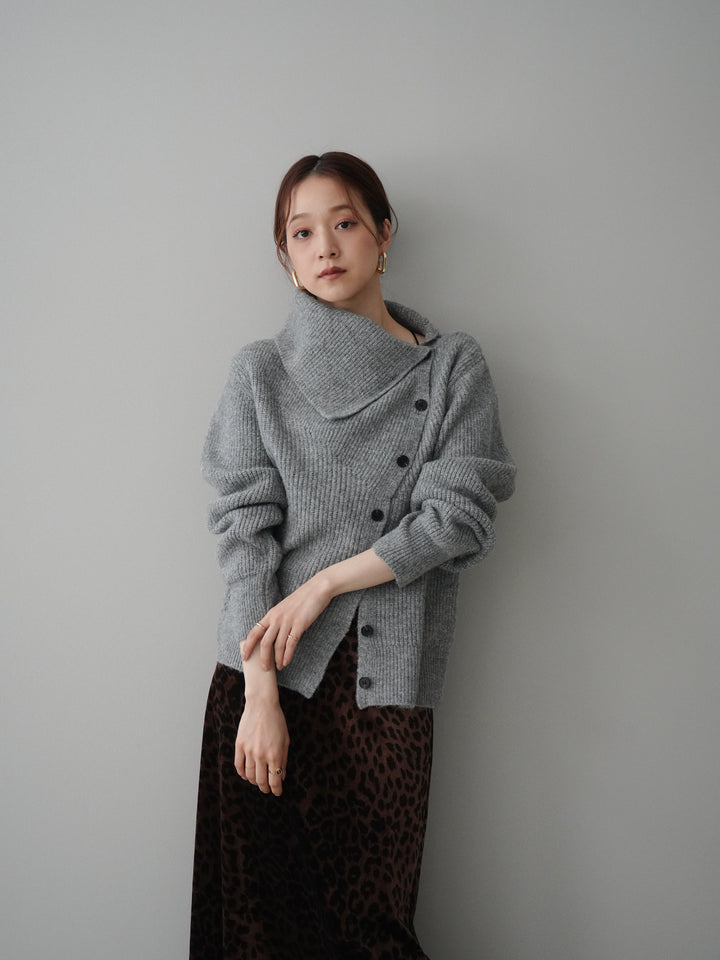 [SET]ハイネックデザインボタンニットカーディガン+レオパードベロアナロースカート(2set)