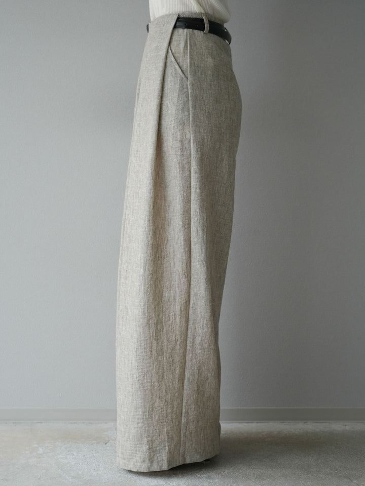 [予約]リネンライクベルト付タックループワイドパンツ/ベージュ