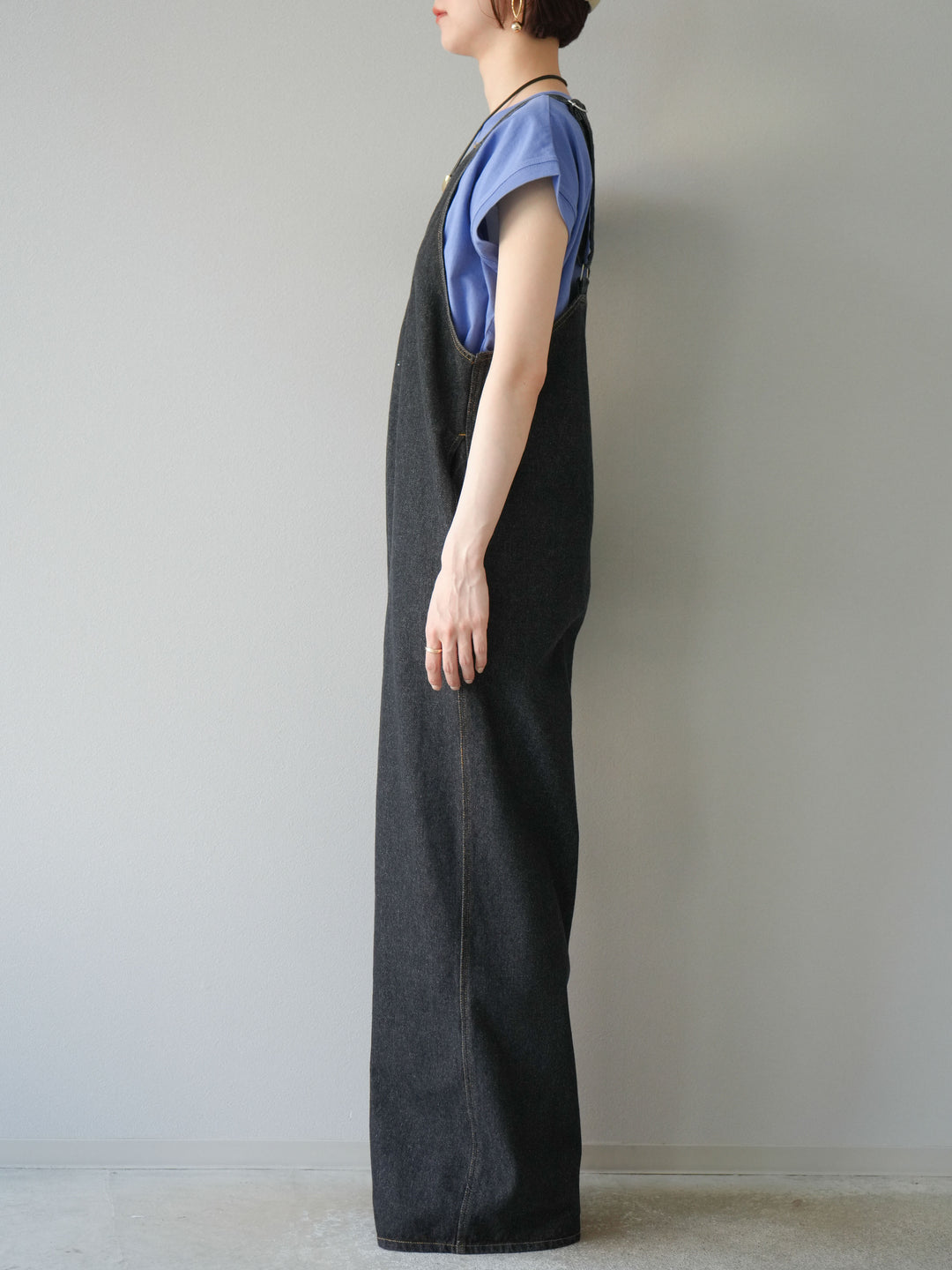 [予約]フロントZIP Vネックデニムサロペット/ブラック