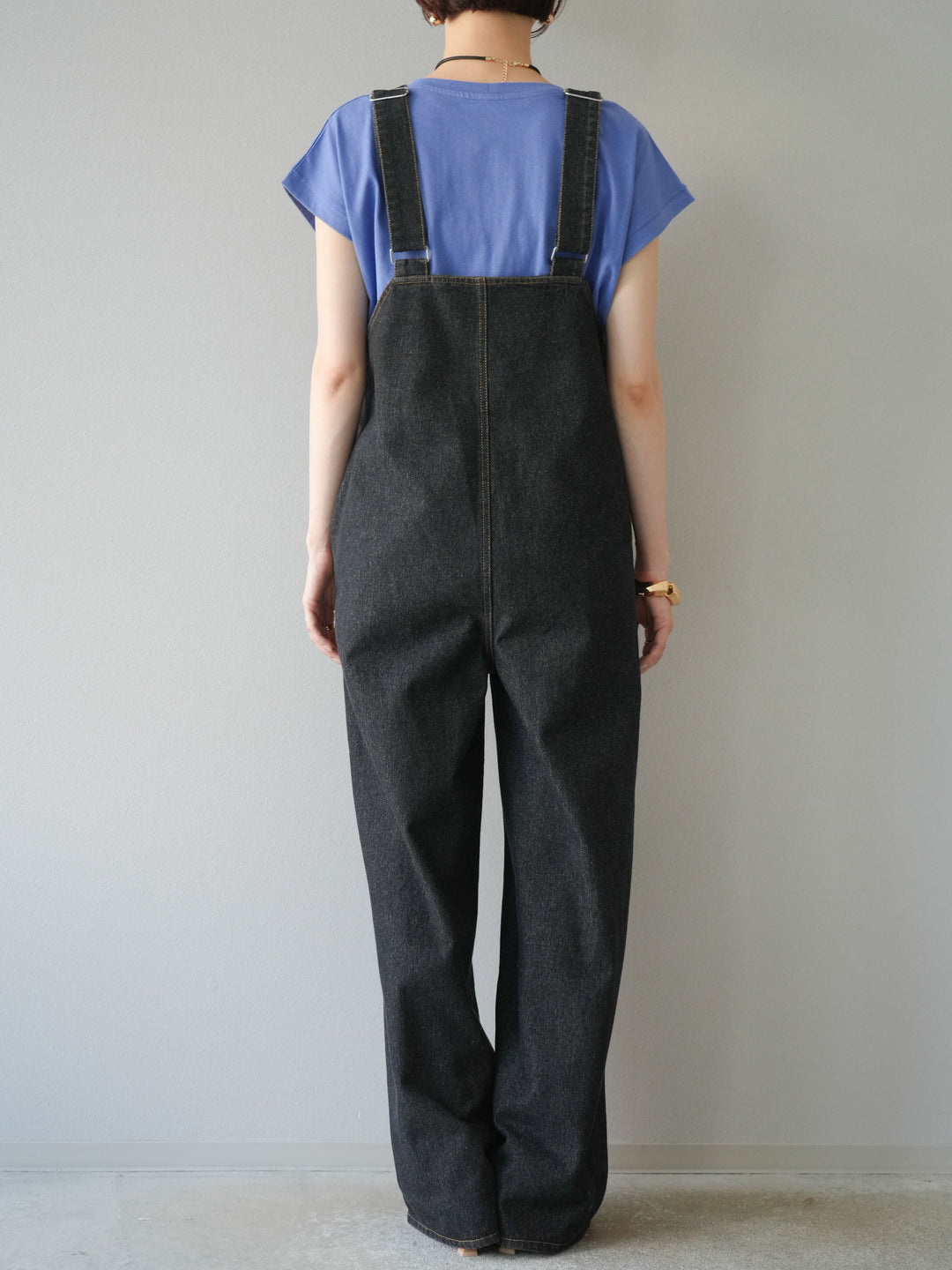 [予約]フロントZIP Vネックデニムサロペット/ブラック