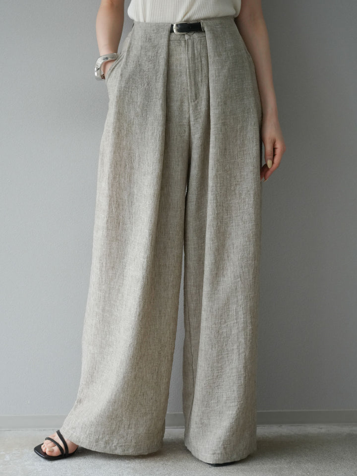 [予約]リネンライクベルト付タックループワイドパンツ/ベージュ