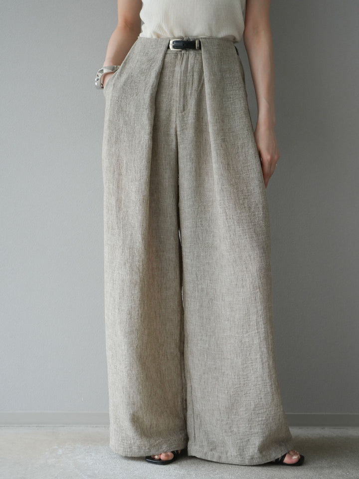 [予約]リネンライクベルト付タックループワイドパンツ/ベージュ