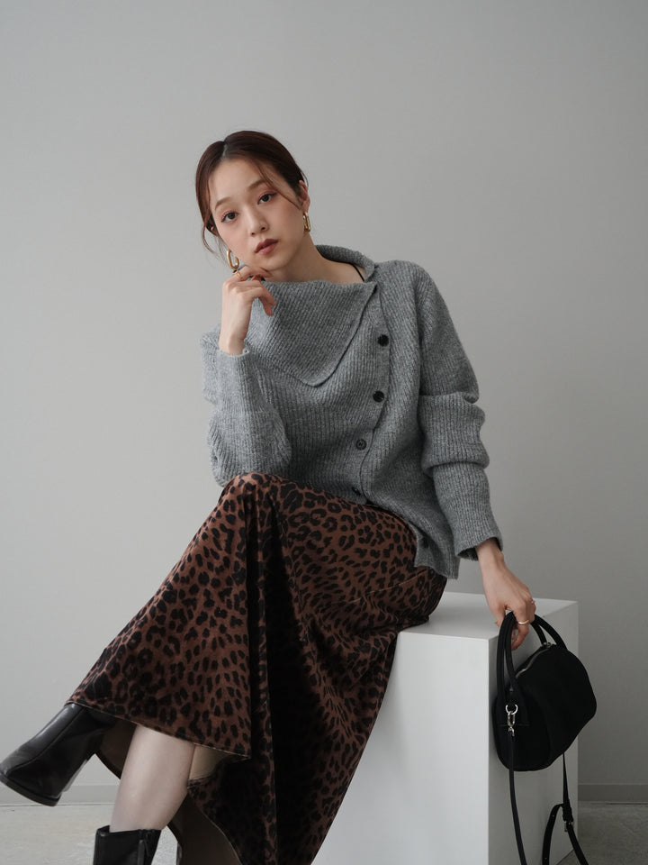 [SET]ハイネックデザインボタンニットカーディガン+レオパードベロアナロースカート(2set)