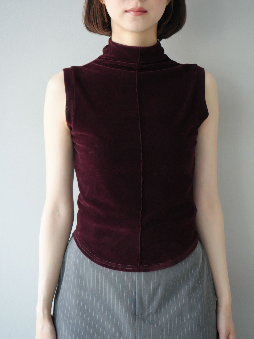 [予約]シアーベロアプチネックノースリーブトップス/ボルドー