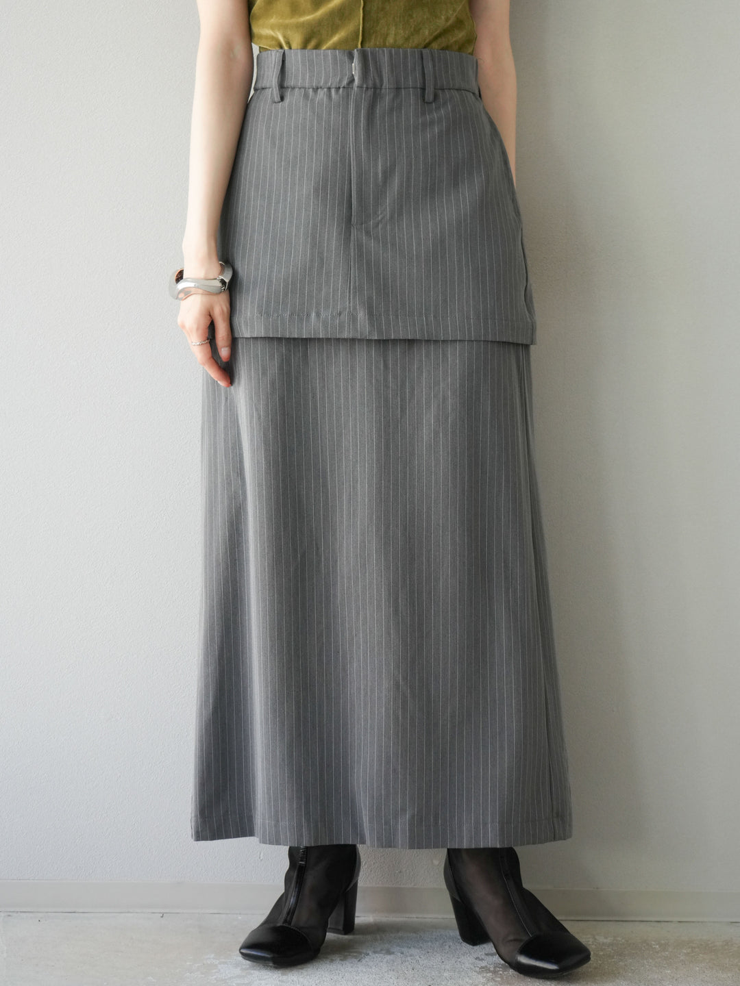 [予約]ストライプ切替チュールスカート/グレー