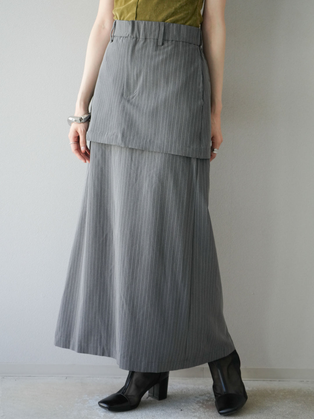 [予約]ストライプ切替チュールスカート/グレー