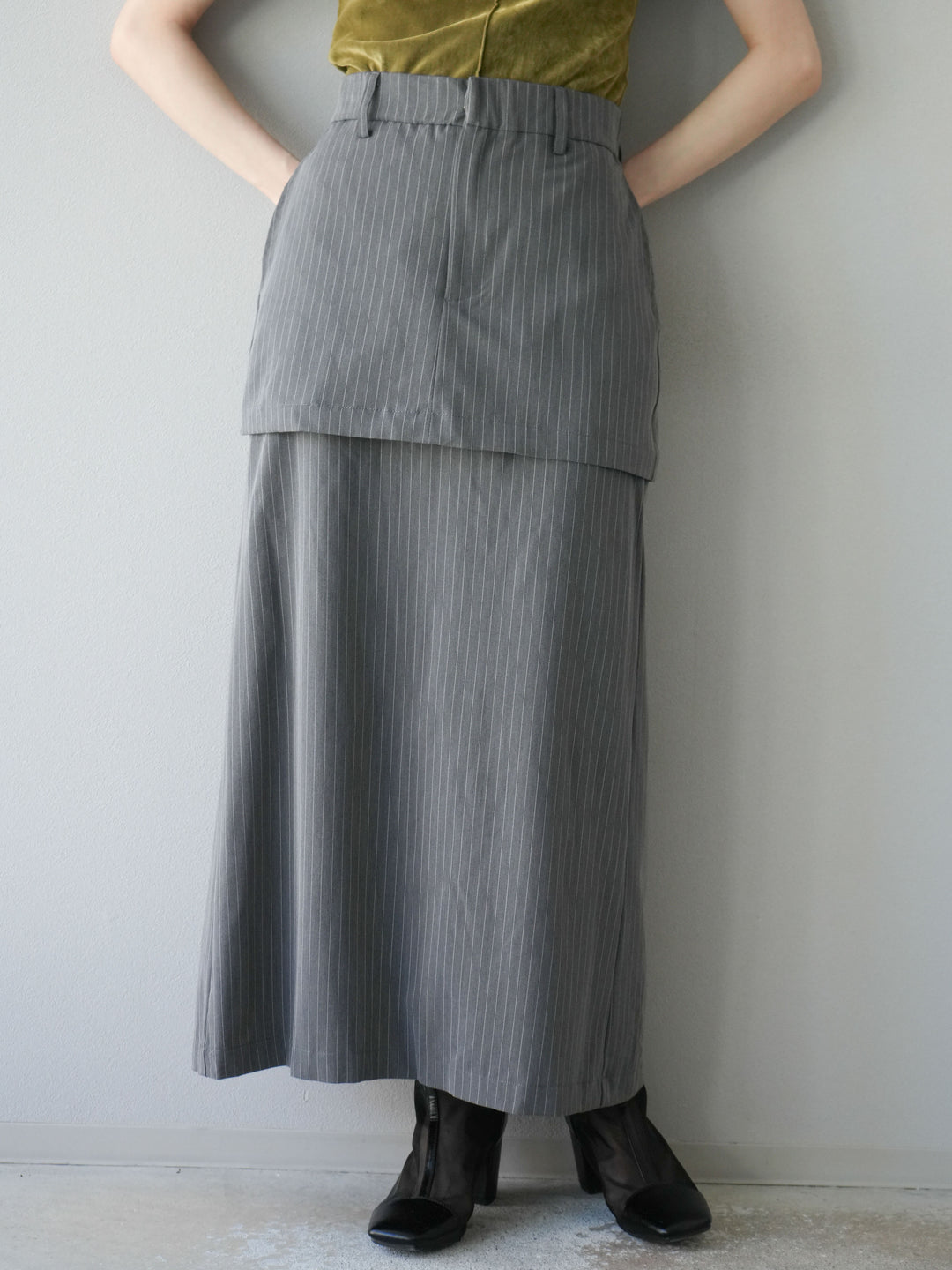 [予約]ストライプ切替チュールスカート/グレー