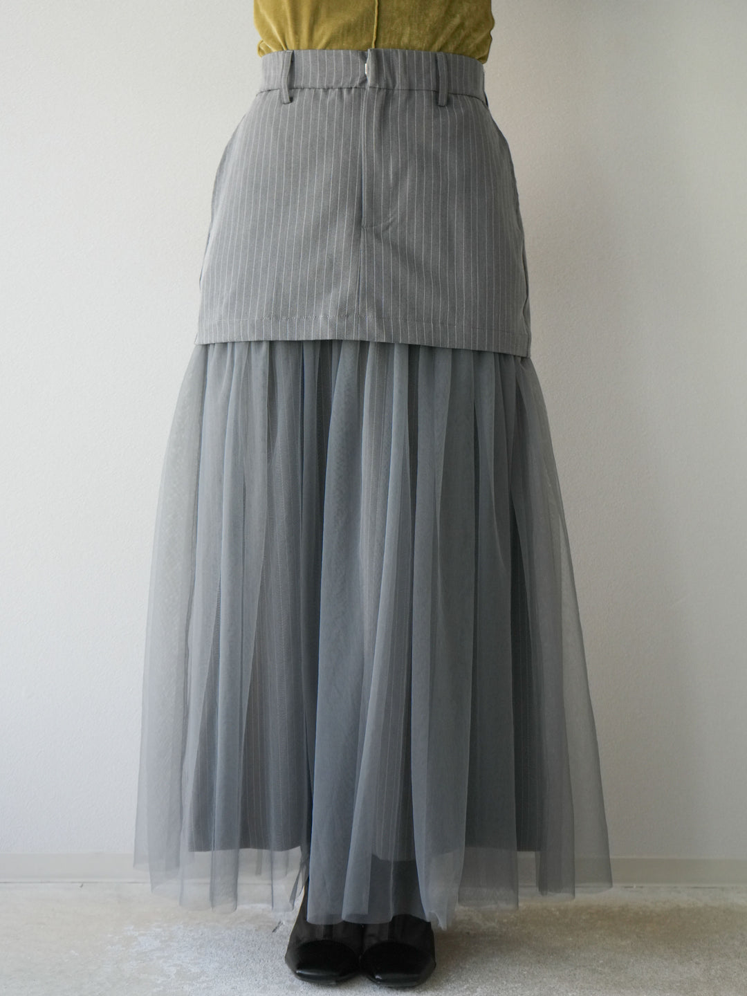 [予約]ストライプ切替チュールスカート/グレー
