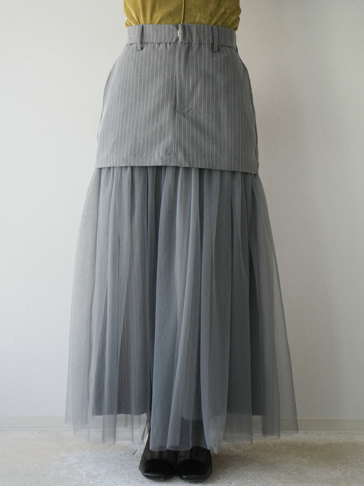 [予約]ストライプ切替チュールスカート/グレー