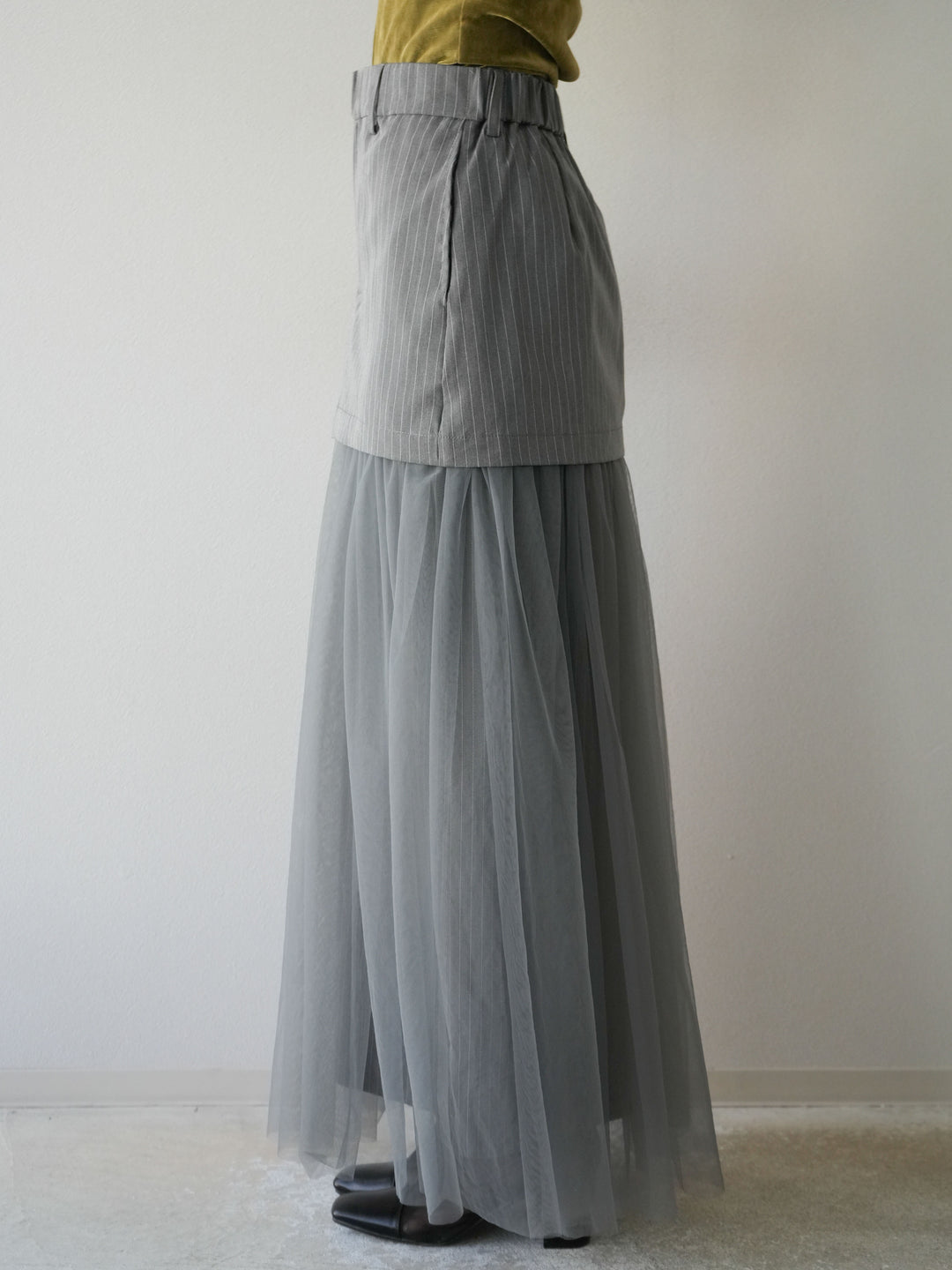 [予約]ストライプ切替チュールスカート/グレー