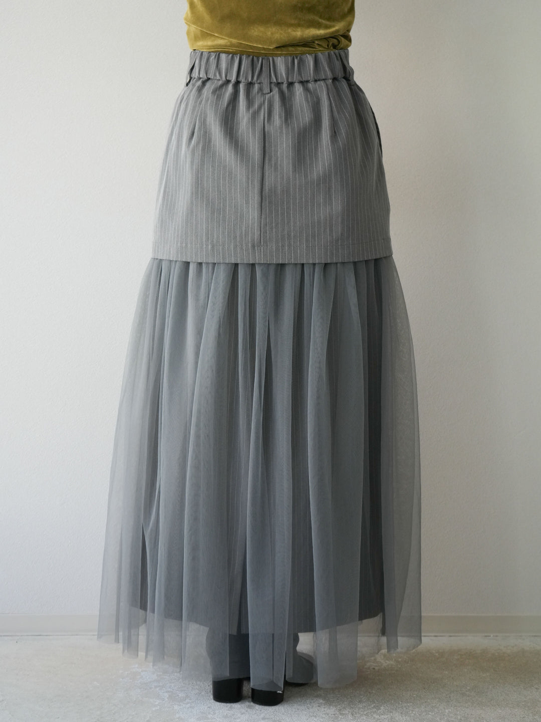 [予約]ストライプ切替チュールスカート/グレー