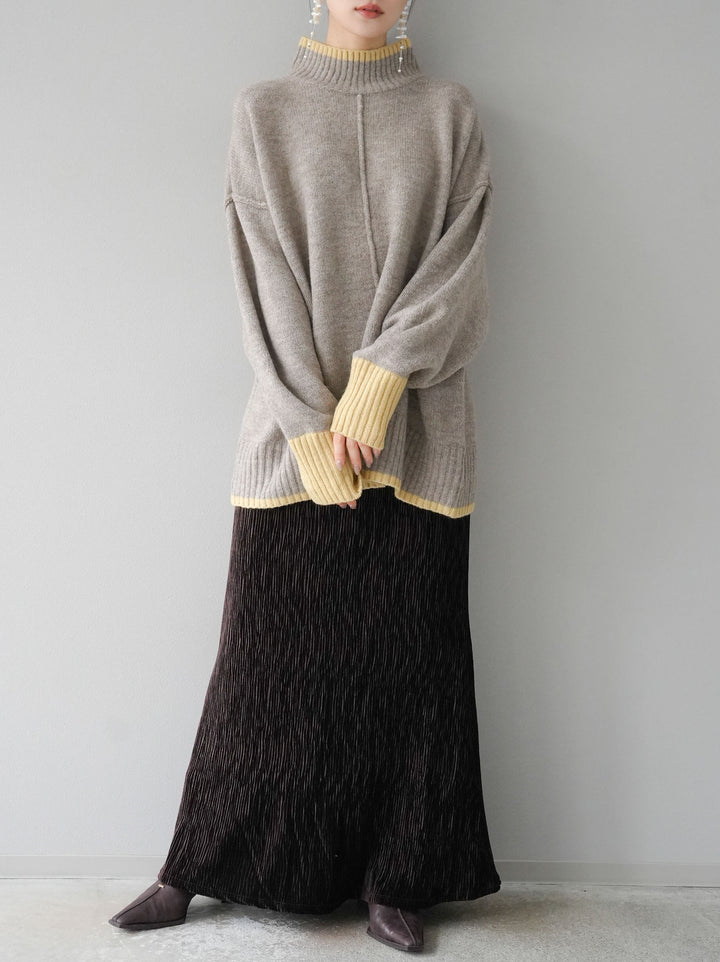 [予約]配色ハイネックニットプルオーバー/グレージュ