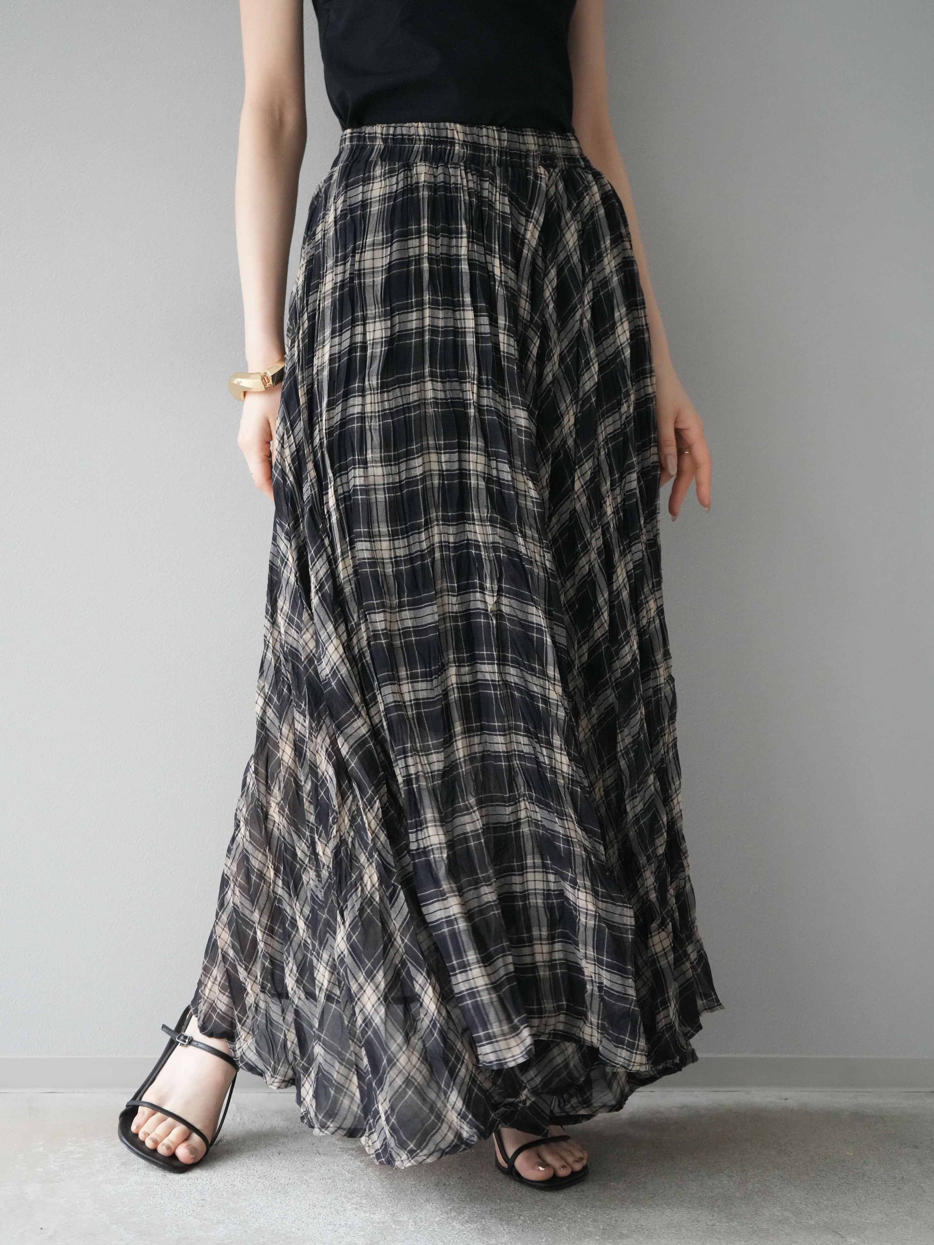 予約]シアーチェックアシンメトリーワッシャースカート/ブラック – Lumier