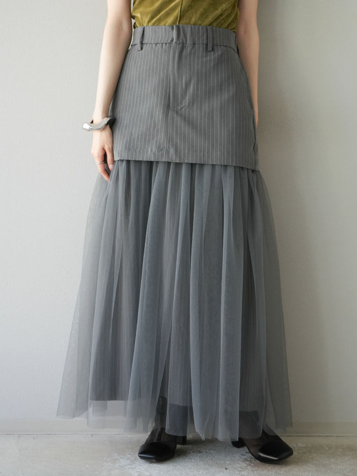 [予約]ストライプ切替チュールスカート/グレー