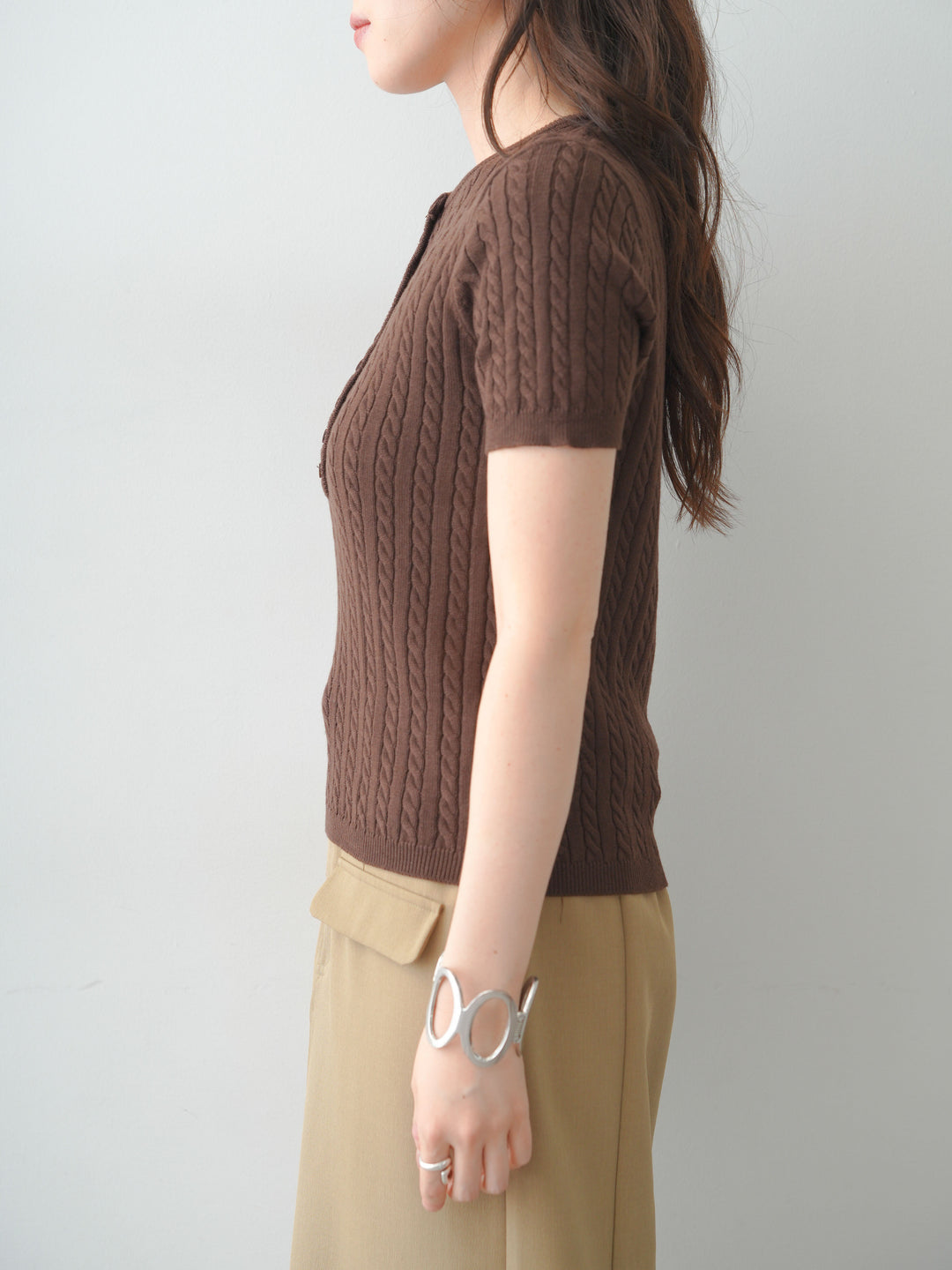 [予約]ヘンリーケーブルハーフニットトップス/brown