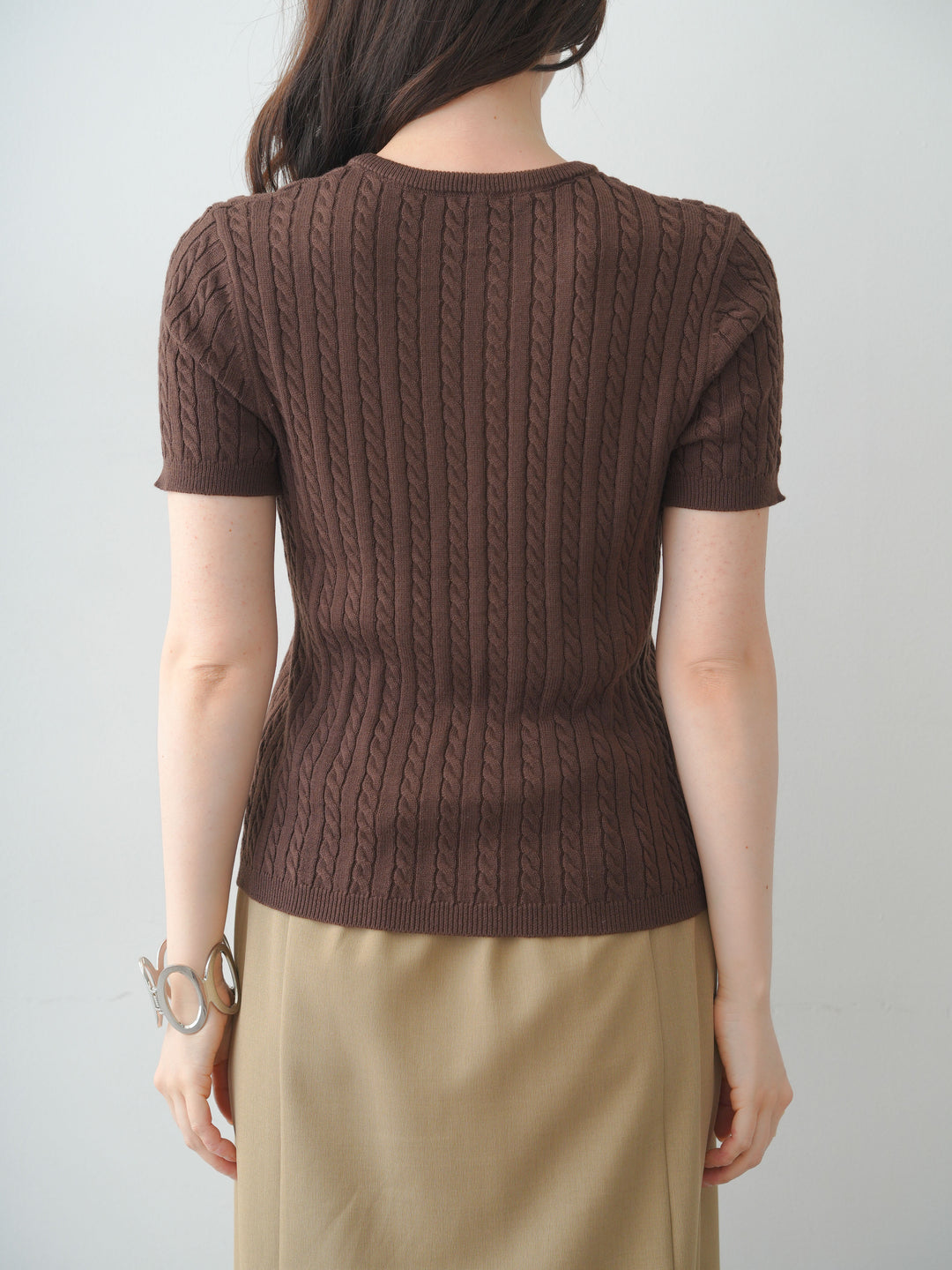 [予約]ヘンリーケーブルハーフニットトップス/brown