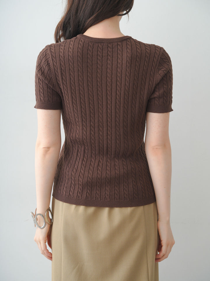 [予約]ヘンリーケーブルハーフニットトップス/brown