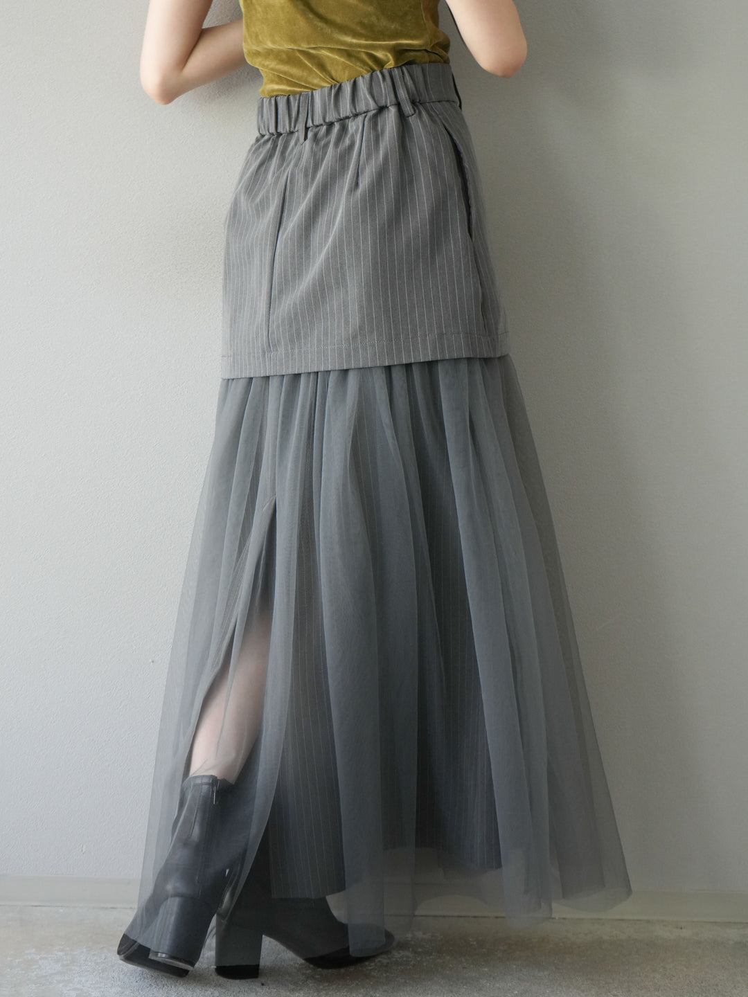 [予約]ストライプ切替チュールスカート/グレー