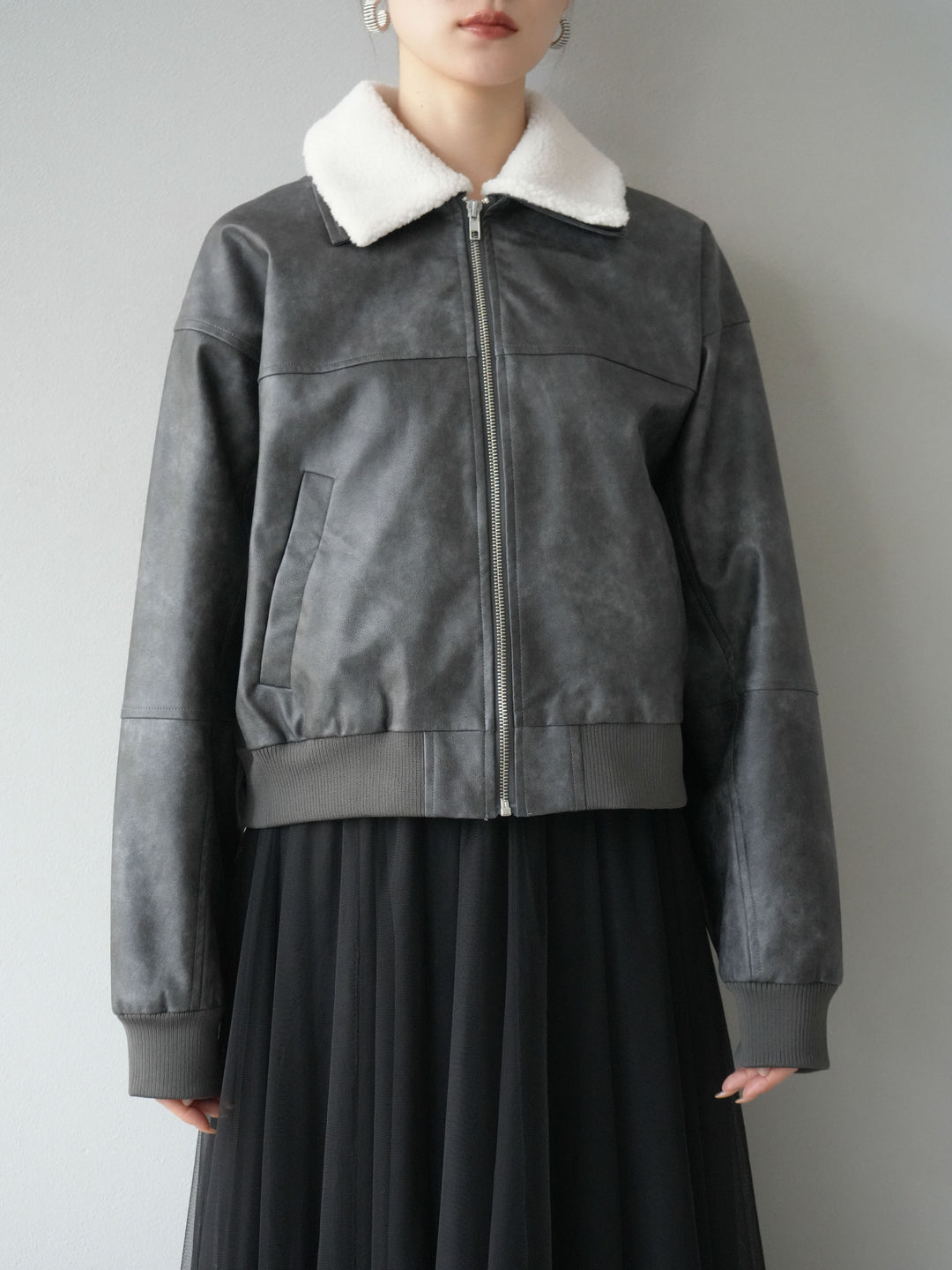 [予約]襟ボアヴィンテージレザーブルゾン/ブラック