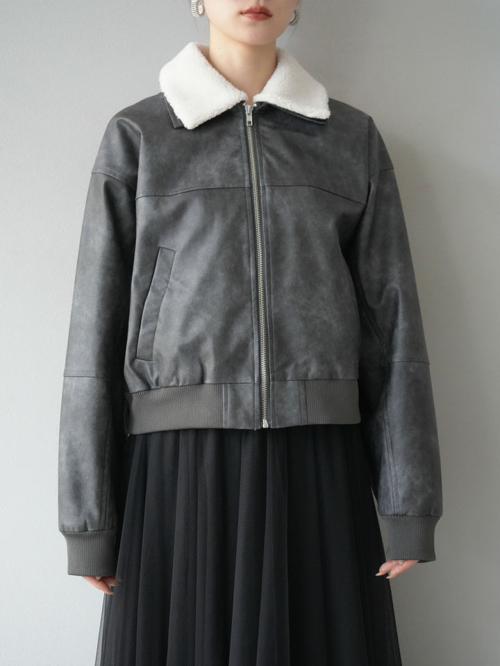 [予約]襟ボアヴィンテージレザーブルゾン/ブラック