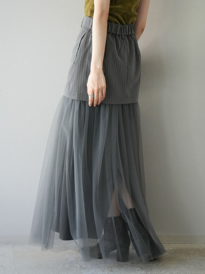 [予約]ストライプ切替チュールスカート/グレー