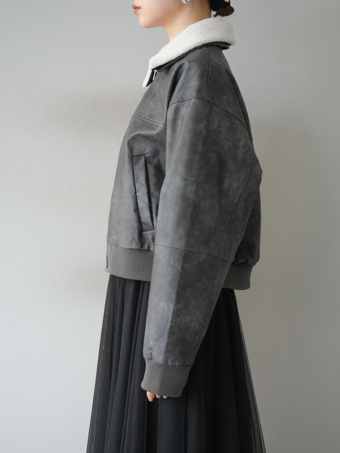 [予約]襟ボアヴィンテージレザーブルゾン/ブラック