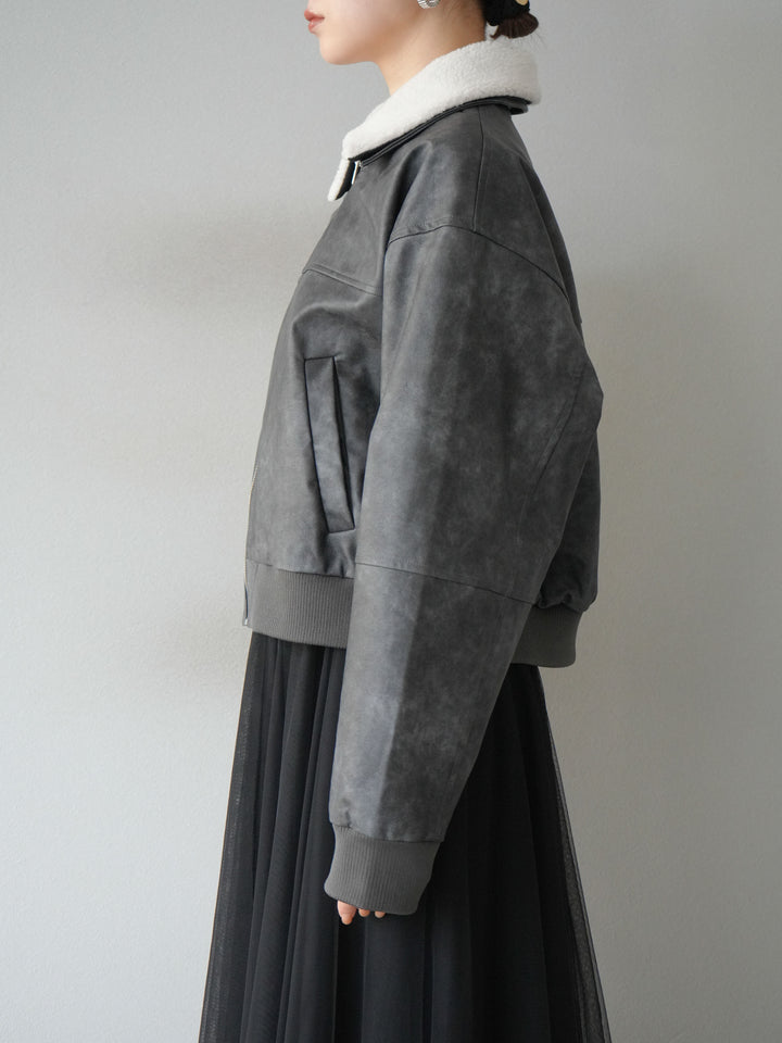 [予約]襟ボアヴィンテージレザーブルゾン/ブラック