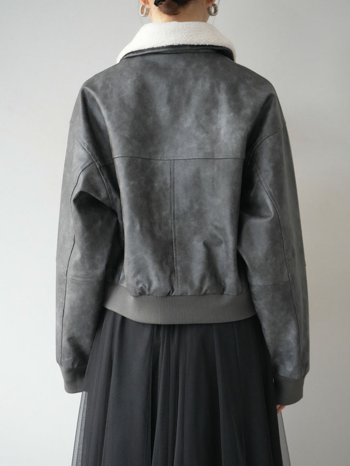 [予約]襟ボアヴィンテージレザーブルゾン/ブラック