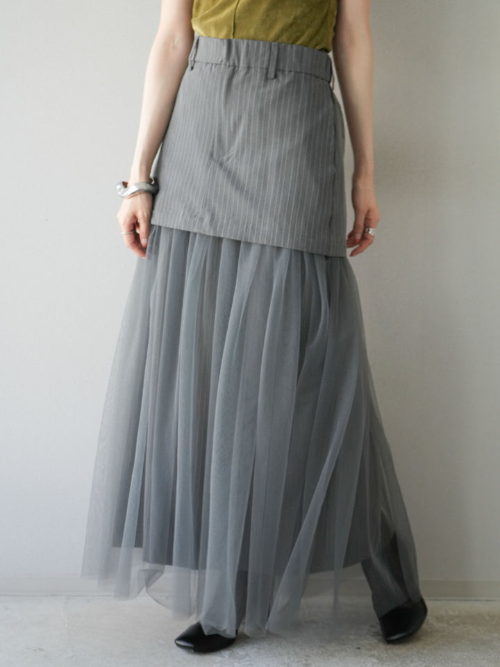 [予約]ストライプ切替チュールスカート/グレー