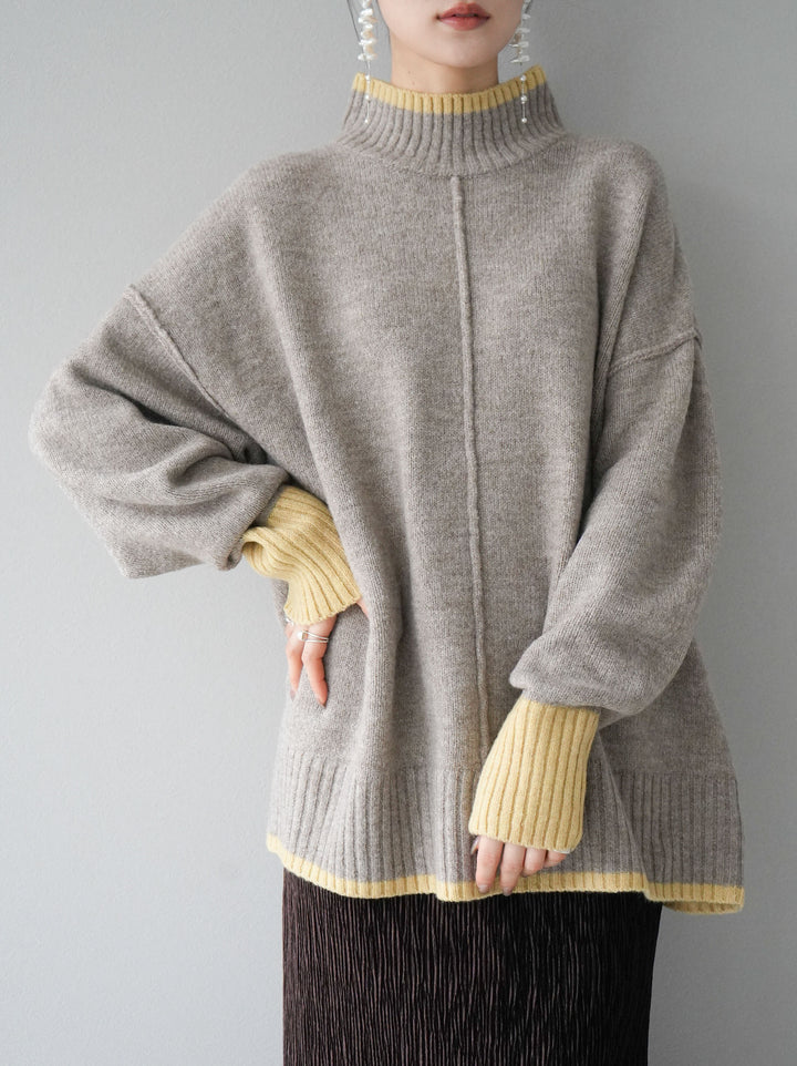 [予約]配色ハイネックニットプルオーバー/グレージュ