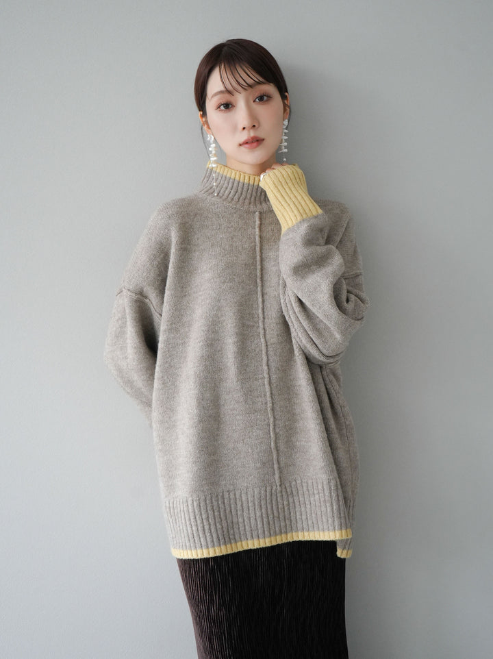 [予約]配色ハイネックニットプルオーバー/グレージュ