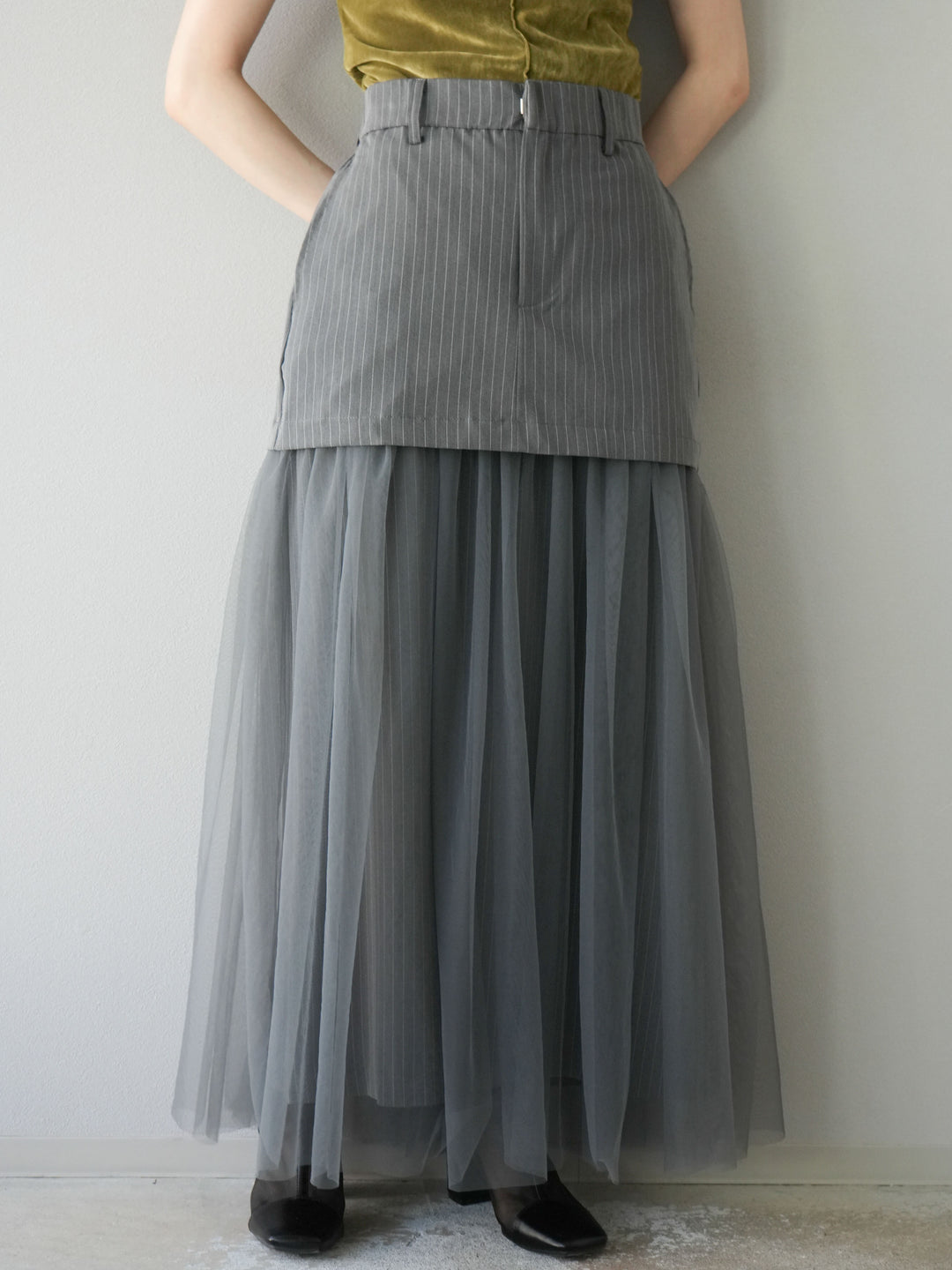 [予約]ストライプ切替チュールスカート/グレー