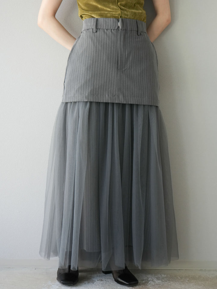 [予約]ストライプ切替チュールスカート/グレー
