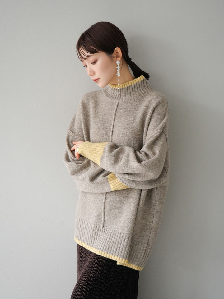 [予約]配色ハイネックニットプルオーバー/グレージュ