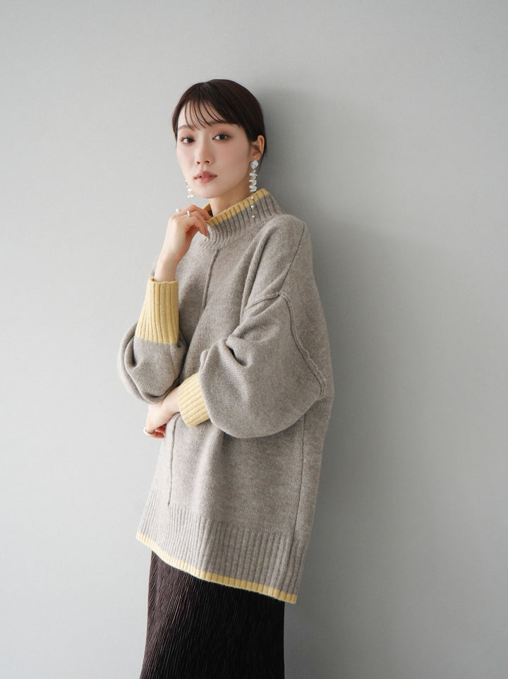 [予約]配色ハイネックニットプルオーバー/グレージュ
