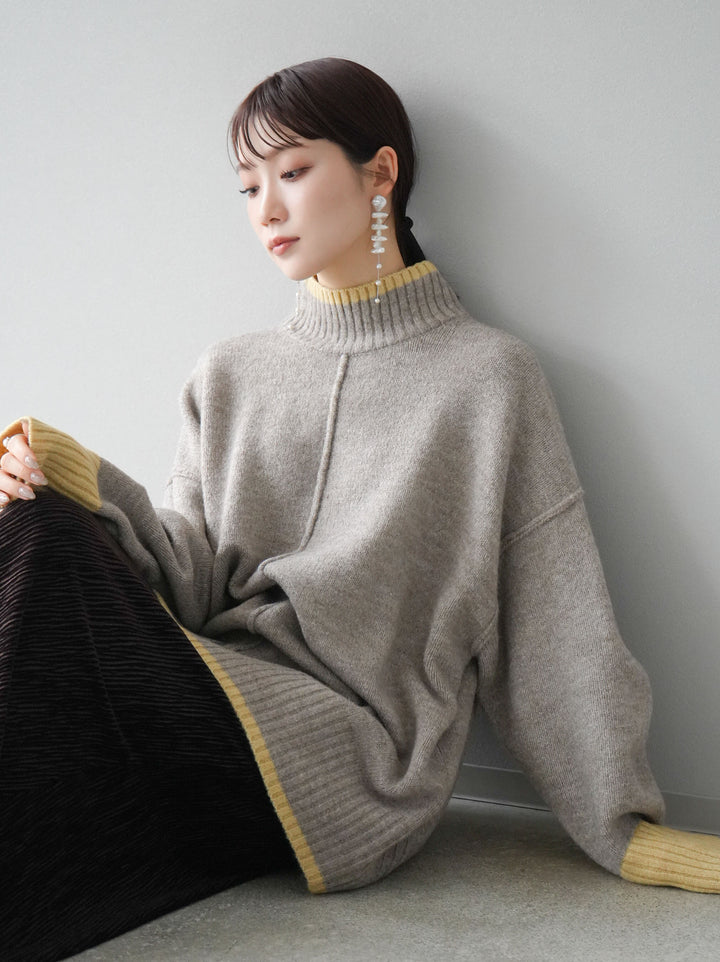 [予約]配色ハイネックニットプルオーバー/グレージュ