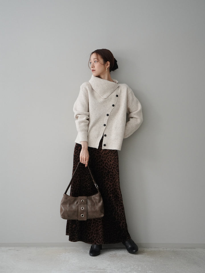 [SET]ハイネックデザインボタンニットカーディガン+レオパードベロアナロースカート(2set)