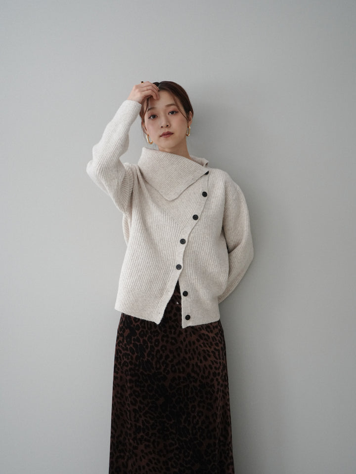 [SET]ハイネックデザインボタンニットカーディガン+レオパードベロアナロースカート(2set)
