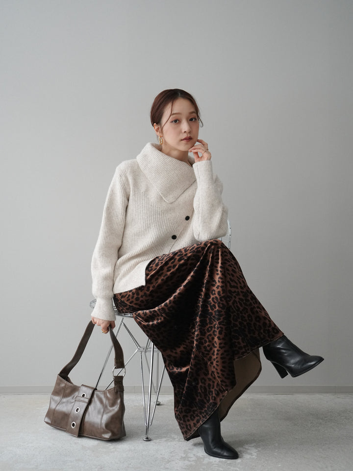 [SET]ハイネックデザインボタンニットカーディガン+レオパードベロアナロースカート(2set)
