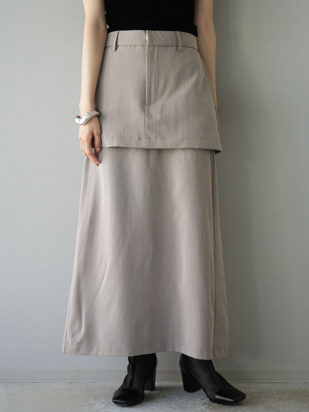 [予約]ストライプ切替チュールスカート/ベージュ