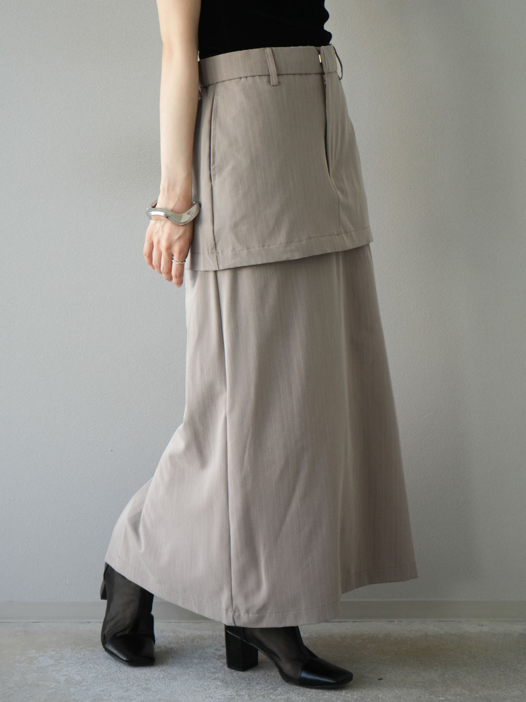 [予約]ストライプ切替チュールスカート/ベージュ