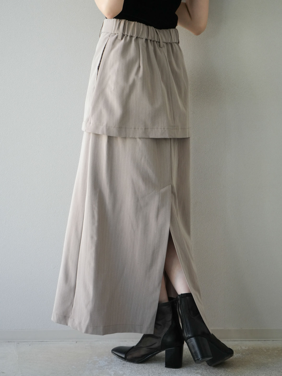 [予約]ストライプ切替チュールスカート/ベージュ