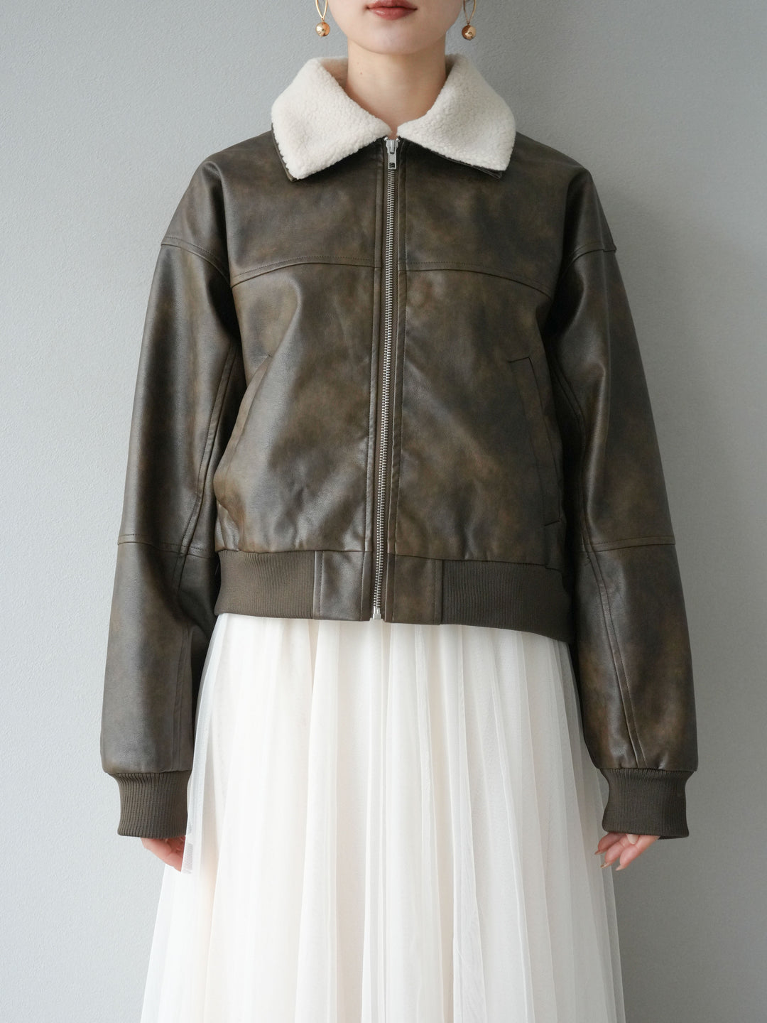 [予約]襟ボアヴィンテージレザーブルゾン/ブラウン