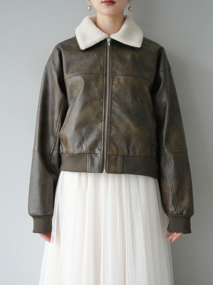 [予約]襟ボアヴィンテージレザーブルゾン/ブラウン